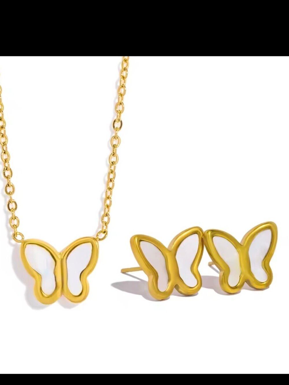 Gold Plated Mother of Pearl Butterfly Necklace And Earrings  Stainless Steel